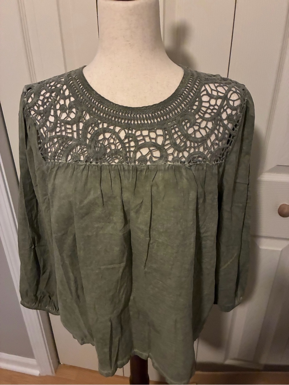 Boho Crochet Yoke Blouse in Sage Green